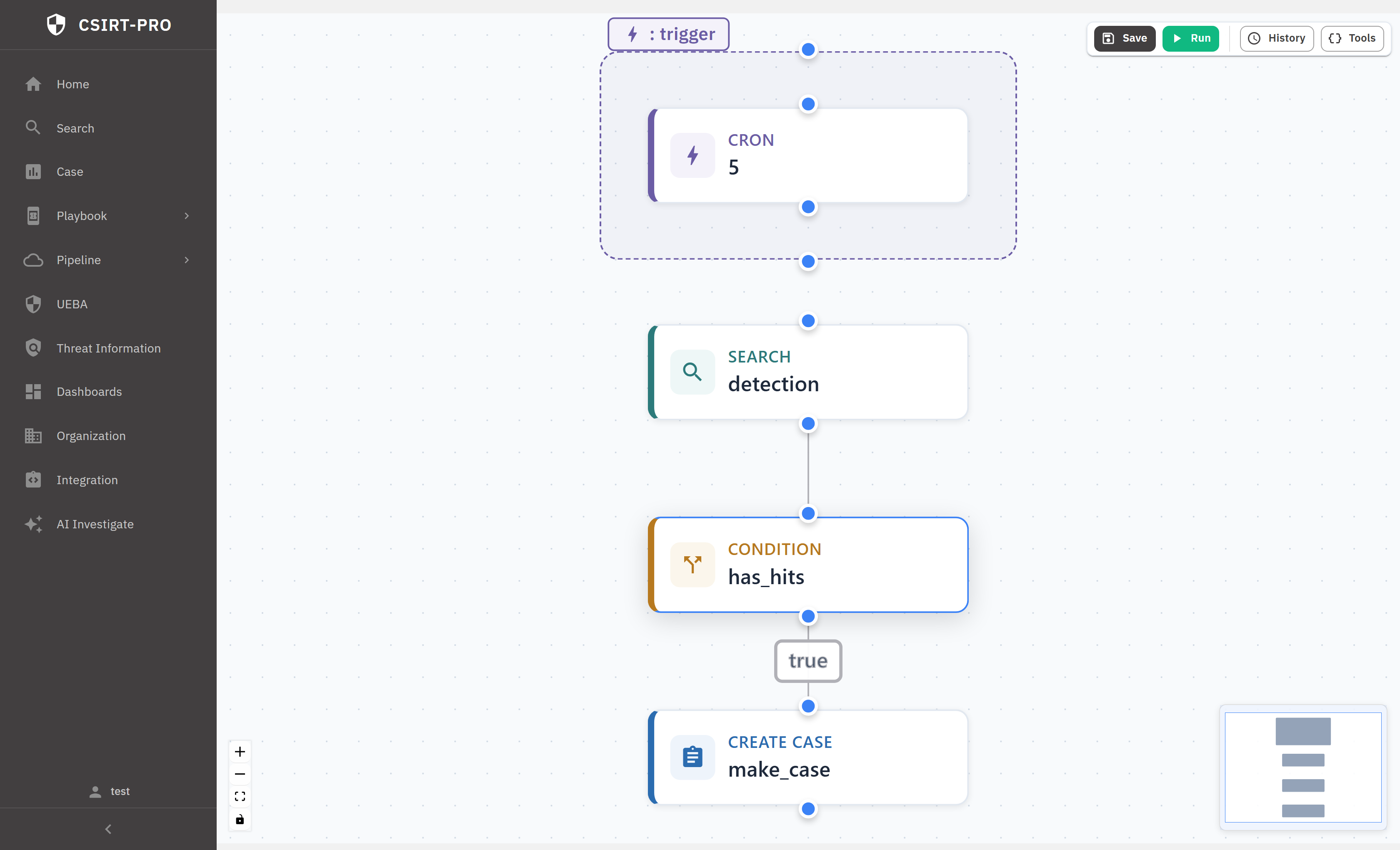 検知 Playbook のフロー（CRON から検索、条件、ケース作成へ）